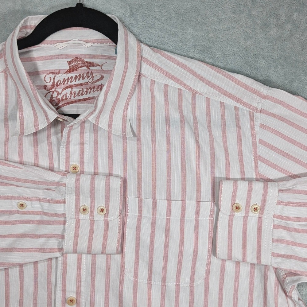 Tommy Bahama Relax XL Red White Striped Cotton‎ Long Sleeve Button Down Resort
